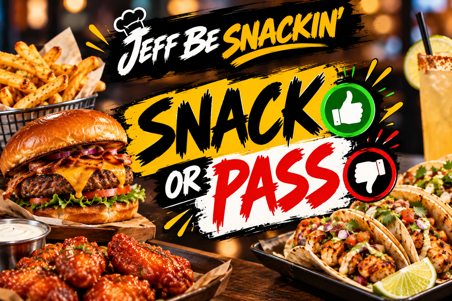 Snack or Pass? artwork for Jeff Be Snackin', with a burger, wings, fries and tacos, plus thumbs-up and thumbs-down symbols.